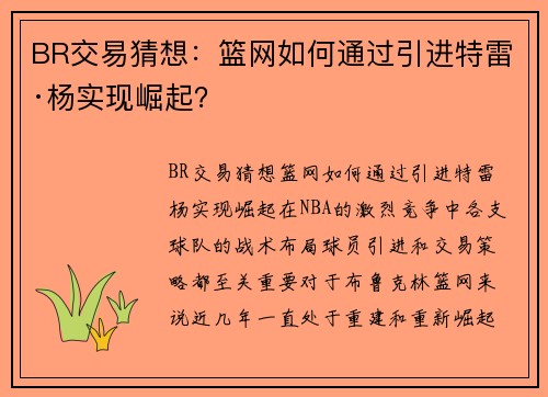 BR交易猜想：篮网如何通过引进特雷·杨实现崛起？