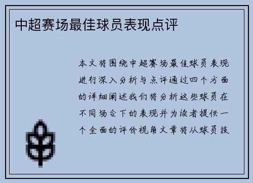中超赛场最佳球员表现点评
