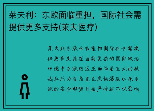 莱夫利：东欧面临重担，国际社会需提供更多支持(莱夫医疗)