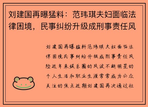 刘建国再曝猛料：范玮琪夫妇面临法律困境，民事纠纷升级成刑事责任风险